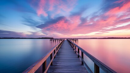 Obraz premium Stunning Sunset Over a Tranquil Pier at the Ocean