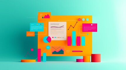 Obraz premium Vibrant data visualization with colorful charts, graphs, and infographics on a dynamic background for creative presentations.