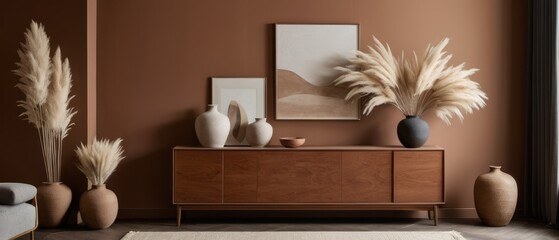 Stylish contemporary interior featuring a minimalist wooden sideboard with decorative vases and pampas grass. Warm, earthy tones create a modern and elegant aesthetic in a serene living space.
