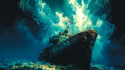 Sunbeams Shining on a Sunken Ship in the Ocean