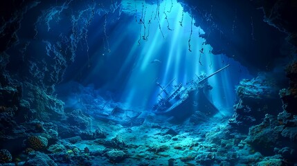 Sunbeams illuminating a shipwreck in a deep underwater cave