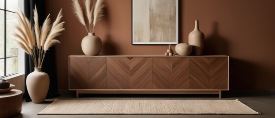 Stylish contemporary interior featuring a minimalist wooden sideboard with decorative vases and pampas grass. Warm, earthy tones create a modern and elegant aesthetic in a serene living space.