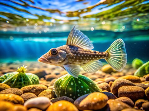 peaceful soft focus on delicate crystal-clear waters surrounding rare African leaf fish