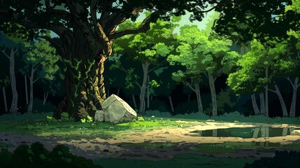 A Large Tree Stands Tall in a Lush Green Forest