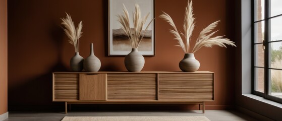 Stylish contemporary interior featuring a minimalist wooden sideboard with decorative vases and pampas grass. Warm, earthy tones create a modern and elegant aesthetic in a serene living space.
