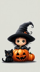 A cute witch girl with a hat and a black cat surrounded by cheerful pumpkins, perfect for Halloween themes and festivities.