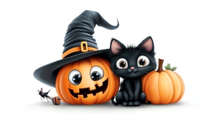Charming Halloween scene featuring a cute black cat with a whimsical pumpkin and a witch hat, perfect for festive celebrations.