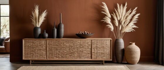 Stylish contemporary interior featuring a minimalist wooden sideboard with decorative vases and pampas grass. Warm, earthy tones create a modern and elegant aesthetic in a serene living space.