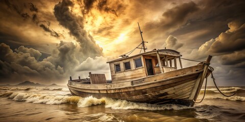 Vintage distressed kapuas old wooden boat rough weathered worn nostalgic sepia tone
