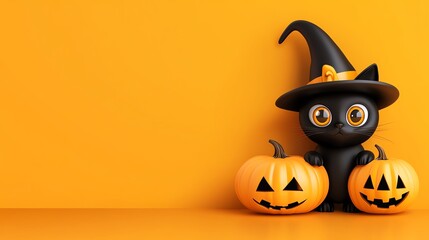 A cute black cat in a witch hat stands beside two smiling pumpkins against a vibrant orange background, perfect for Halloween.