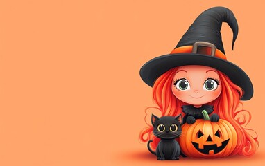 A cheerful girl in a witch hat with a pumpkin and a black cat, perfect for Halloween-themed illustrations.
