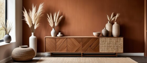 Stylish contemporary interior featuring a minimalist wooden sideboard with decorative vases and pampas grass. Warm, earthy tones create a modern and elegant aesthetic in a serene living space.