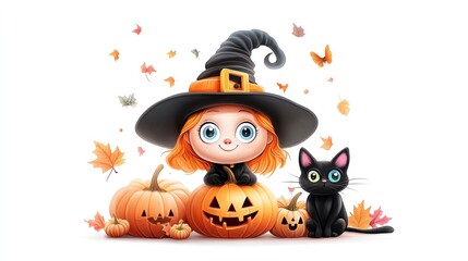 Fototapeta premium A cute cartoon witch with orange hair and black cat, surrounded by pumpkins and autumn leaves, perfect for Halloween celebrations.