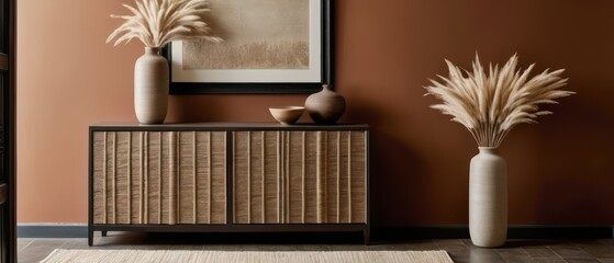 Stylish contemporary interior featuring a minimalist wooden sideboard with decorative vases and pampas grass. Warm, earthy tones create a modern and elegant aesthetic in a serene living space.
