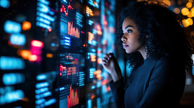 Double Exposure of Digital Identity Featuring a Young African American Woman with Curly Hair, Analyzing Data and Code in a Cyberpunk-Inspired Dark Space. Neon Lights and Bokeh Effect Enhance the Futur
