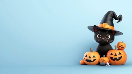 A cute black cat wearing a witch hat sits beside cheerful pumpkins, perfect for Halloween-themed decorations and celebrations.