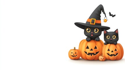 Adorable cartoon cats in Halloween hats, playing on pumpkins, creating a festive and playful autumn vibe.
