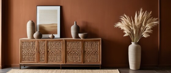 Stylish contemporary interior featuring a minimalist wooden sideboard with decorative vases and pampas grass. Warm, earthy tones create a modern and elegant aesthetic in a serene living space.