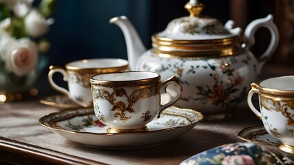 A charming vintage tea set from the Victorian era, adorned with delicate floral patterns and intricate gold trimmings, evoking a sense of elegance and nostalgia.