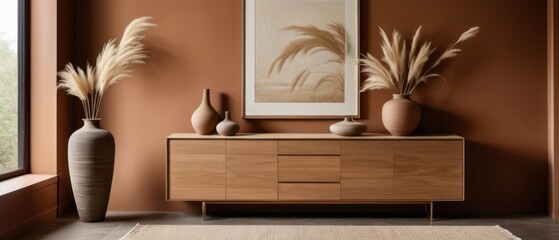 Stylish contemporary interior featuring a minimalist wooden sideboard with decorative vases and pampas grass. Warm, earthy tones create a modern and elegant aesthetic in a serene living space.