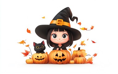A cute Halloween witch with a black cat beside cheerful pumpkins, surrounded by falling autumn leaves.