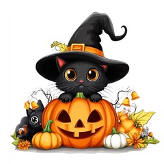 A whimsical black cat wearing a witch hat, playfully perched on a jack-o'-lantern amid autumn decorations.