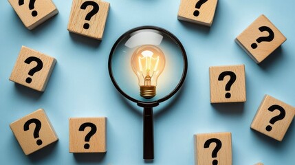 Fototapeta premium A glowing light bulb under a magnifying glass among cubes with question marks symbolizes thinking and ideas