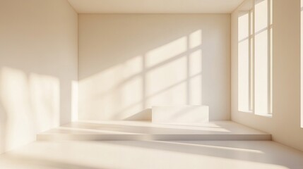 Minimalist Sunlight Studio: A clean and modern backdrop, featuring a white platform bathed in soft sunlight streaming through a large window. 