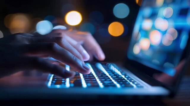 A close-up of hands typing on a laptop keyboard at night, showcasing a soft glow and blurred colorful lights in the background.
