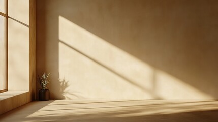 Minimalist Interior with Sunlight and Plant: A serene and minimalist interior features a warm beige wall, a large window bathing the space in soft sunlight, and a small plant on the wooden floor. 