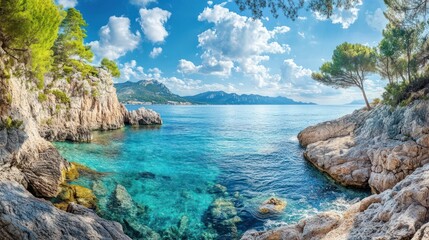 Fototapeta premium Rocky Cove with Azure Water and a Mountainous Horizon