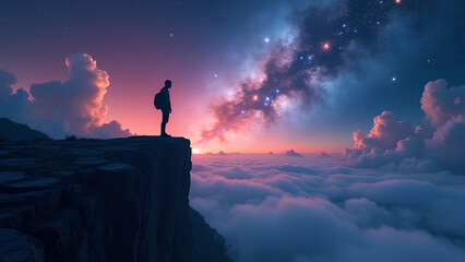 Fototapeta premium Show a silhouette on a cliff stargazing at a vibrant galaxy