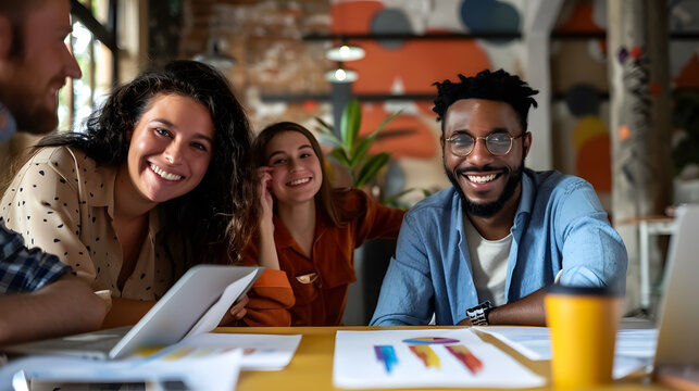 A casual meeting of a diverse business team, smiling and analyzing financial data.
