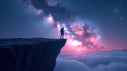 Fototapeta premium Show a silhouette on a cliff stargazing at a vibrant galaxy