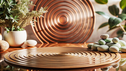 Geometric still life with stones, leaves, and flowers, 3D design in circular pattern with metallic texture, light and shadow play