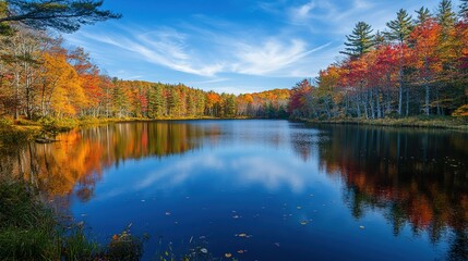 Fototapeta premium Autumn's Embrace: Tranquil lake mirrors a vibrant autumnal forest, its glassy surface reflecting the fiery hues of fall foliage under a cerulean sky. 
