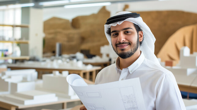 A young Middle Eastern male stands in a contemporary design studio, smiling while holding blueprints, surrounded by various architectural models