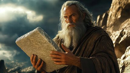 Moses Holding the Stone Tablets on Mount Sinai with Dramatic Sky Background - Biblical Figure Receiving Ten Commandments in Ancient Religious Setting
