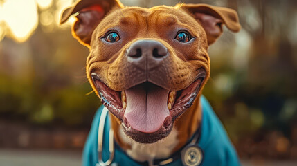 Playful Pitbull in Medical Scrubs with Stethoscope in Park, Happy Pet Doctor Greeting Close-Up at Sunset
