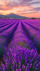 Obraz premium Breathtaking Lavender Field at Sunset with Vibrant Purple Blooms and Majestic Mountain in Background for Tranquil Nature and Aromatherapy Concepts