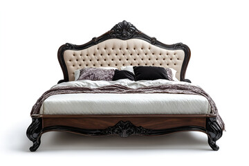 Large Bed With Wooden Frame and Headboard and pillows with white background comfortable furniture design