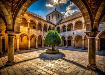 Fototapeta premium * Secondary details: Monastery courtyard, forsaken grandeur, mystical shadows, deprivation and renewal