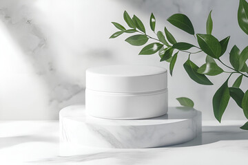 White jar of cream on a stand on a white background with tropical palm leaves and their shadow. Stylish look of the product,