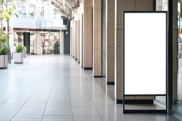 A mockup stands in a shopping center, showcasing an advertising space ready for promotional content, inviting foot traffic and engagement