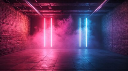 Brick Wall Tunnel Illuminated by Pink and Blue Neon Lights