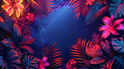 A stylish illustration of a tropical-themed frame made of neon lights, with leaves and flowers adding a colorful touch.