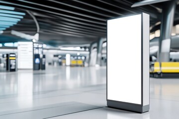A vacant advertising poster stands prominently in a bustling airport terminal, ready for future advertising opportunities