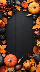 Festive autumn frame with pumpkins, leaves, and berries on a dark wooden background, perfect for seasonal celebrations.