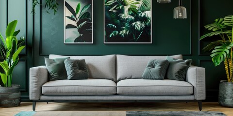 Sophisticated gray couch adorned with cushions, accompanied by artwork and houseplants against a lush green abstract backdrop.