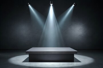 Obraz premium A raised platform stands alone on a black background, illuminated by a single spotlight, showcasing empty space with no distractions.
